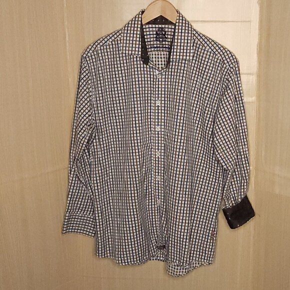 English Laundry Brown Blue White Check Contrasting Cuff Shirt 17 1/2 -34/35 - Picture 1 of 7